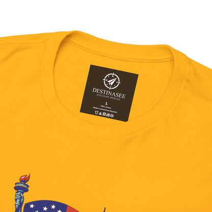 Gold T-shirt with small black neck label