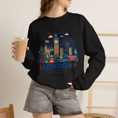 Black crewneck sweatshirt with colorful London skyline graphic and logo on chest