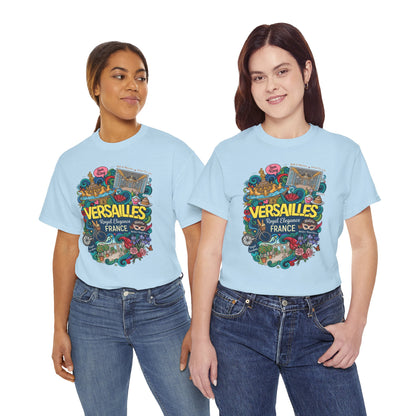 Light blue crew-neck T-shirt with colorful Versailles illustrated front graphic