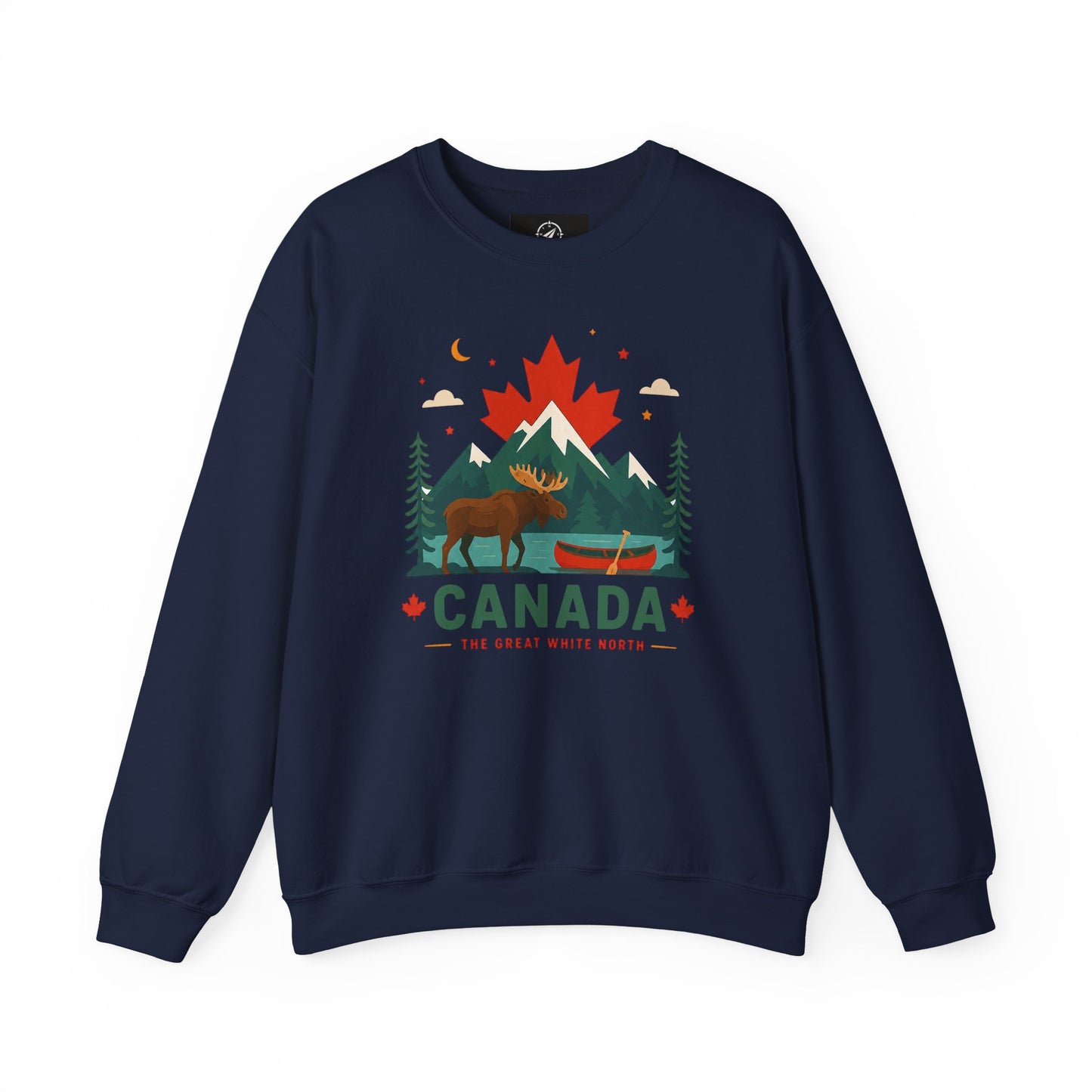 Navy crewneck sweatshirt with front moose canoe and Canada graphic