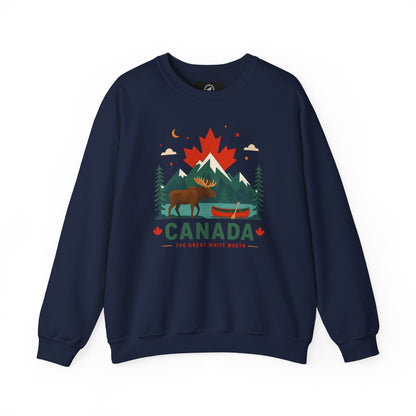 Navy crewneck sweatshirt with front moose canoe and Canada graphic