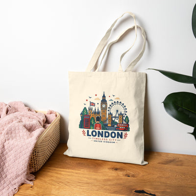 Natural canvas tote bag with London skyline graphic and long top handles