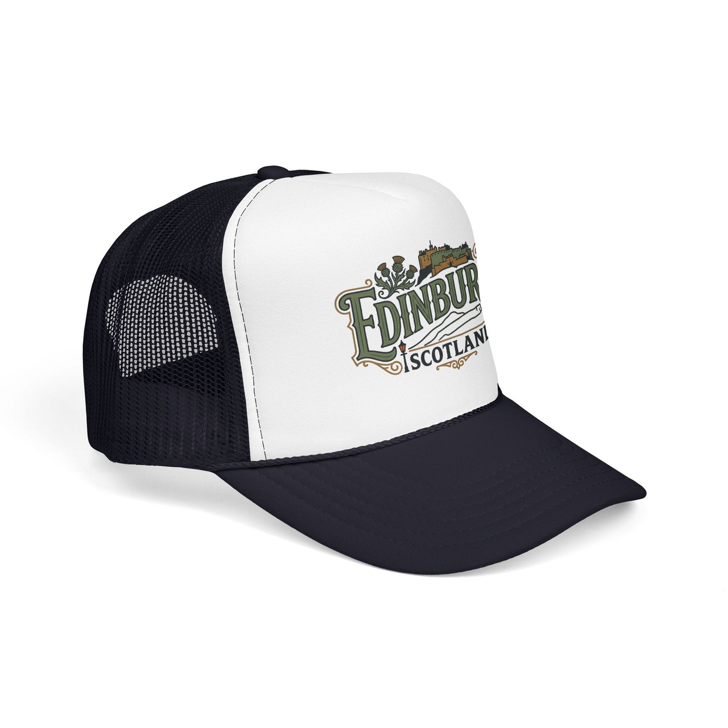 White front and black mesh trucker hat with “Edinburgh Scotland” logo