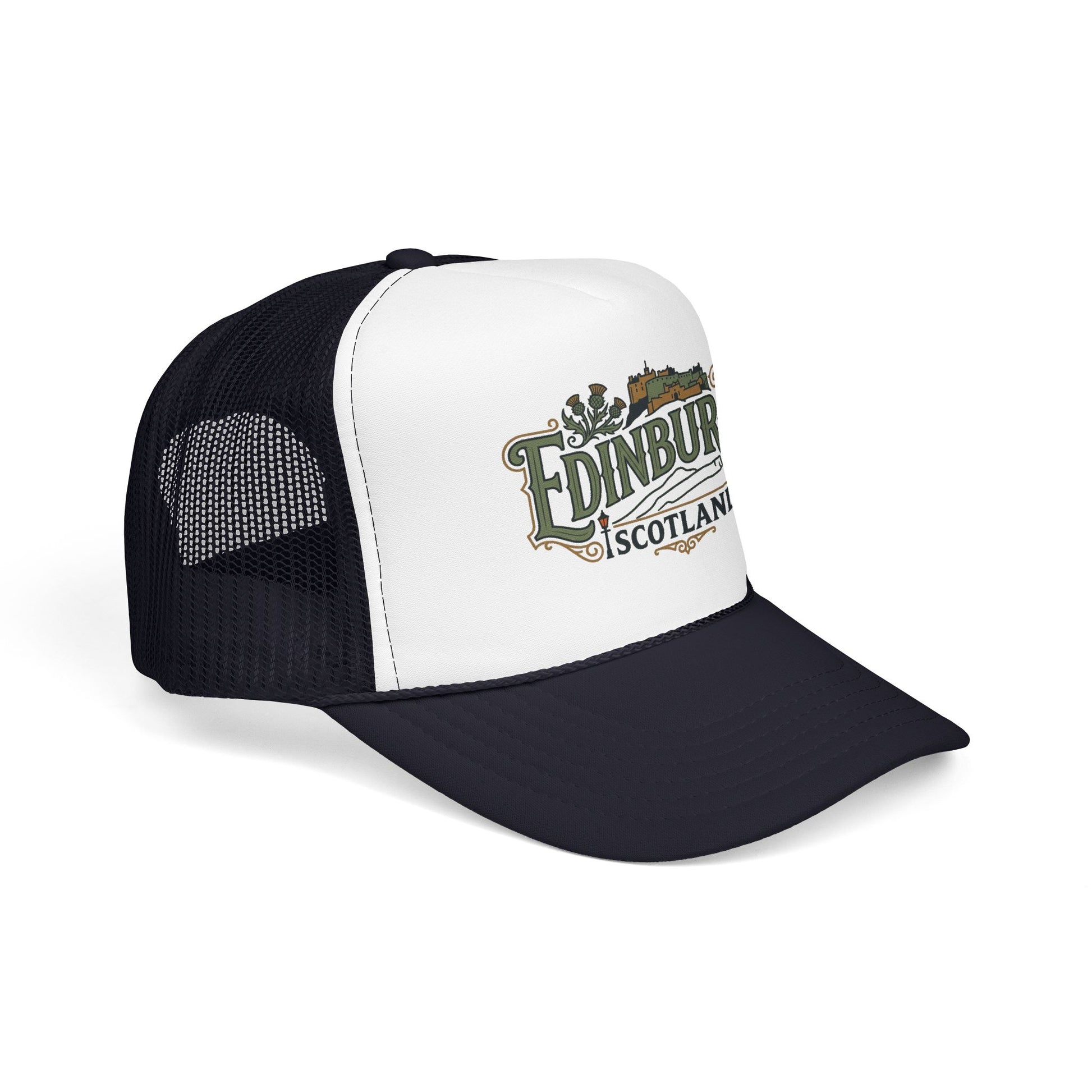 White front and black mesh trucker hat with “Edinburgh Scotland” logo