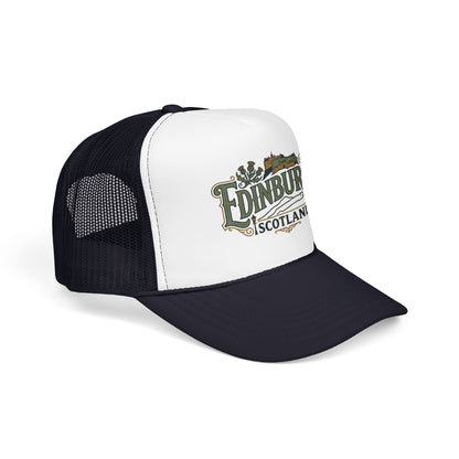White front and black mesh trucker hat with “Edinburgh Scotland” logo