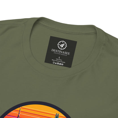 Olive green short-sleeve T-shirt close-up: small chest tag and top of city graphic