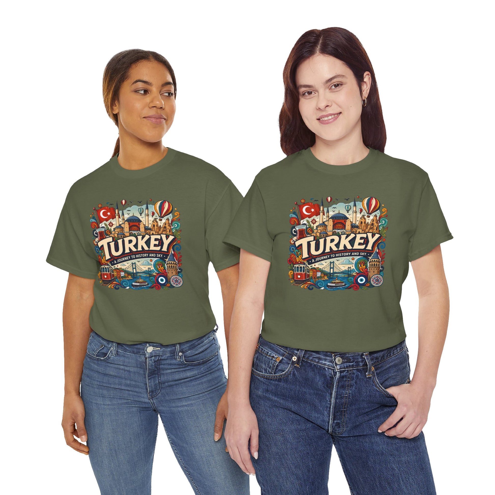 Olive green Turkey graphic t-shirt on two women, colorful front print, short sleeves