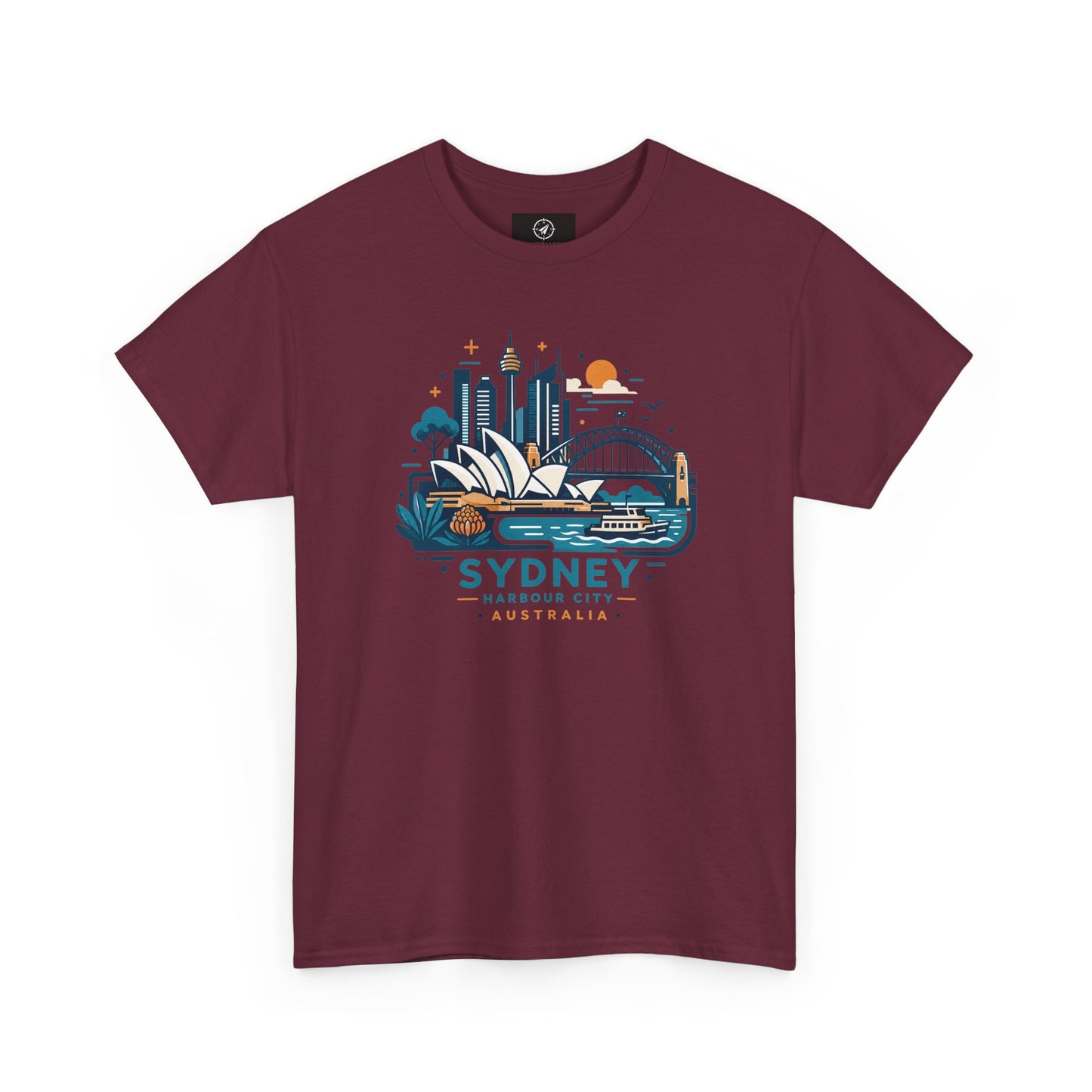 Maroon Sydney harbor city graphic T-shirt, short-sleeve crew neck