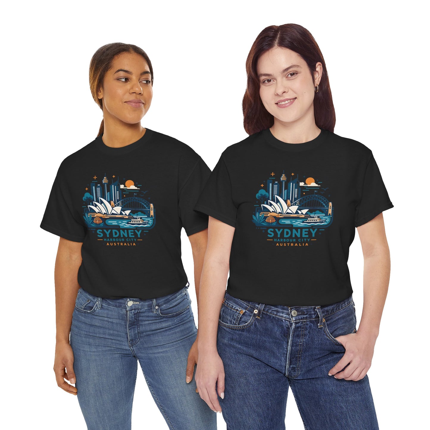 Black Sydney cityscape T-shirt with colorful skyline graphic, crew neck, short sleeves.