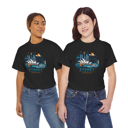 Black Sydney cityscape T-shirt with colorful skyline graphic, crew neck, short sleeves.