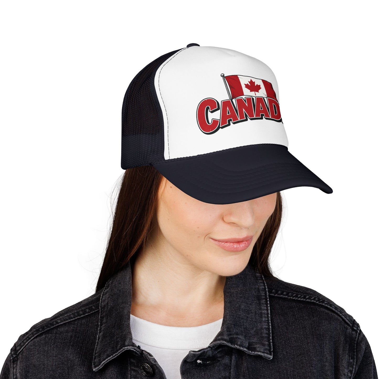 Trucker hat with white front panel and dark mesh; Canada logo patch and curved brim.