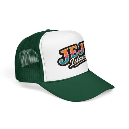 Dark green and white foam trucker hat with “JEJU Island” logo patch, curved brim