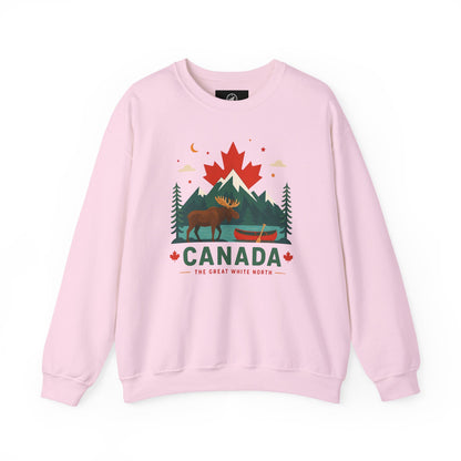 Pink crewneck sweatshirt with Canada graphic of moose and canoe