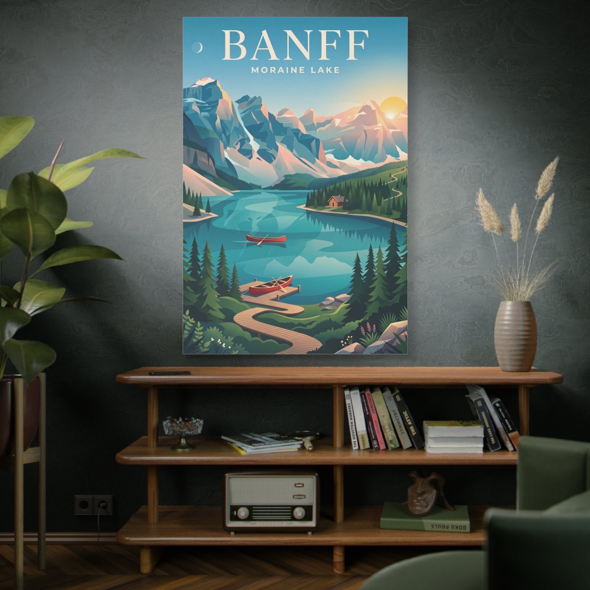 Matte canvas wall art with mountain lake landscape and a red canoe on blue water