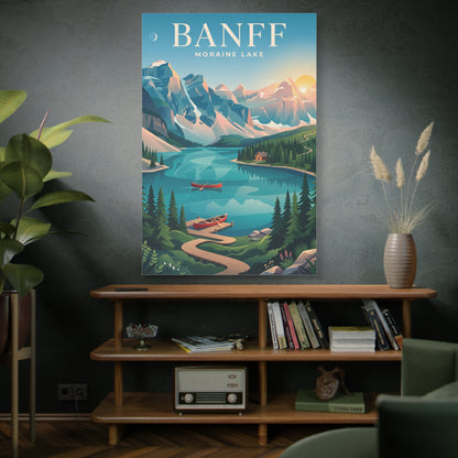 Matte canvas wall art with mountain lake landscape and a red canoe on blue water