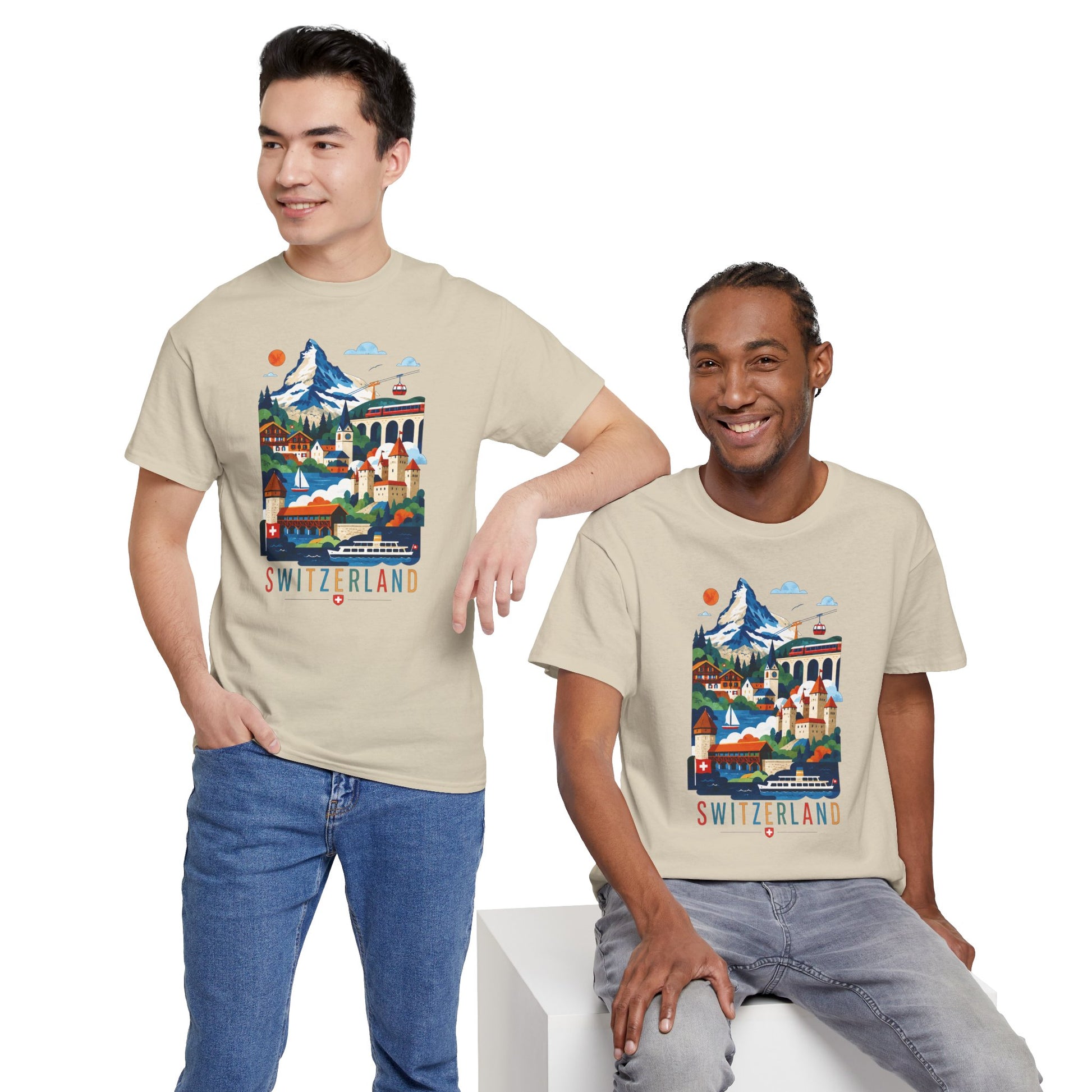 Natural crew-neck T-shirt with colorful Switzerland village graphic on front