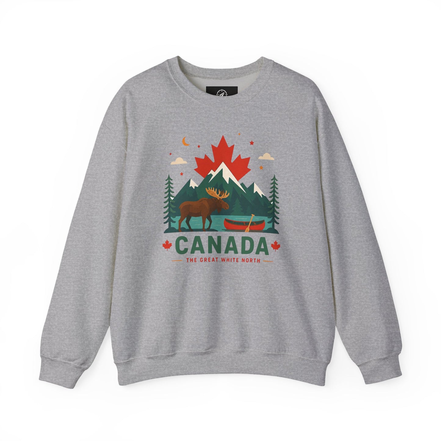 Dark heather gray crewneck sweatshirt with Canada graphic and canoe scene at center front