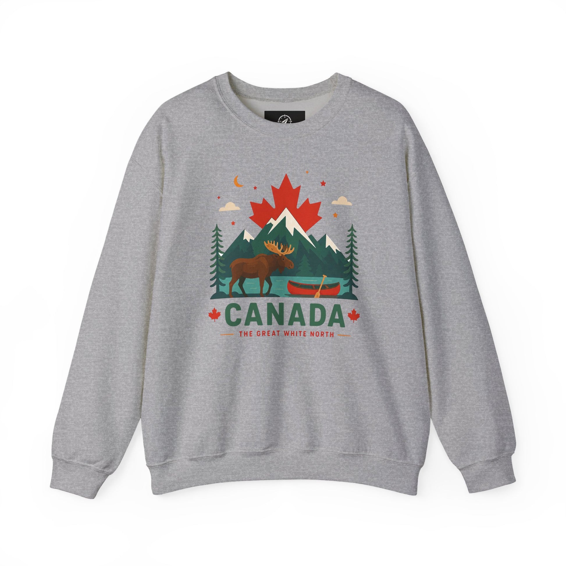 Dark heather gray crewneck sweatshirt with Canada graphic and canoe scene at center front