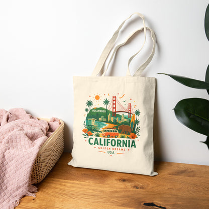 Natural canvas tote bag with California graphic front and matching fabric handles