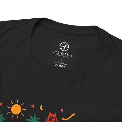 Black T-shirt neckline close-up with small interior brand label and partial graphic print