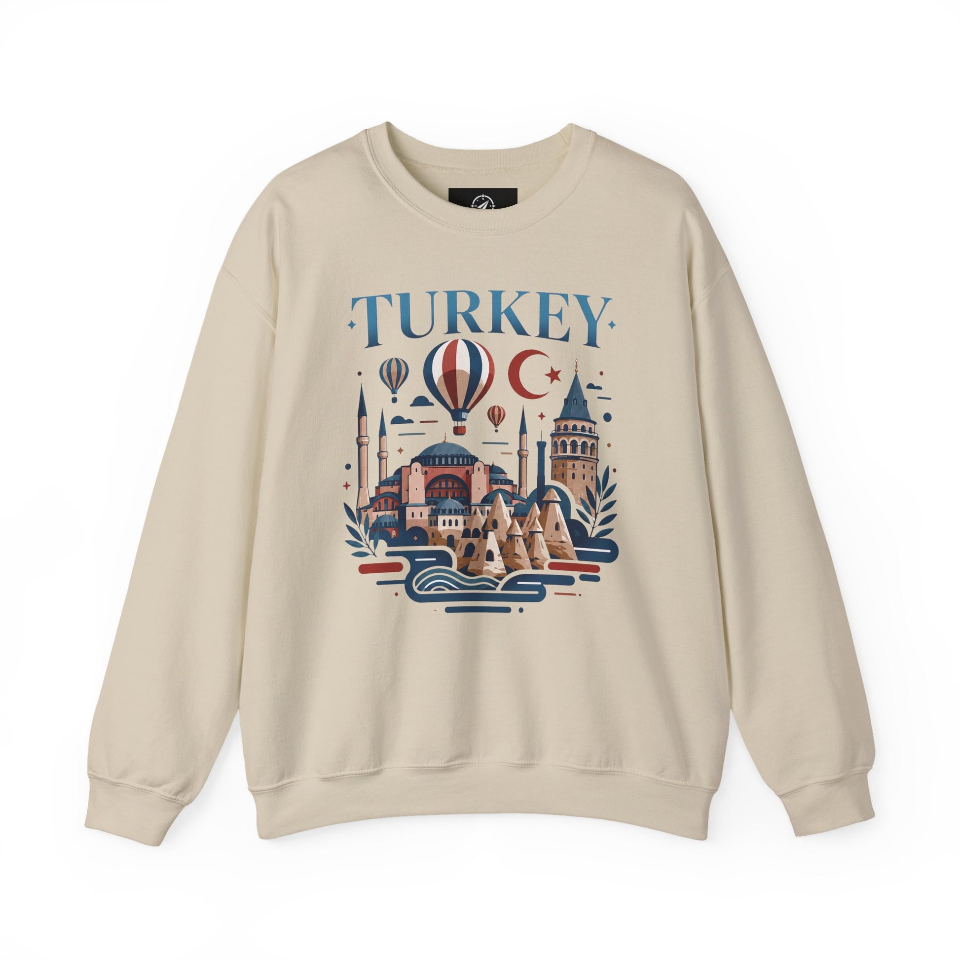 Sand crewneck sweatshirt with colorful Turkey skyline graphic on the front.
