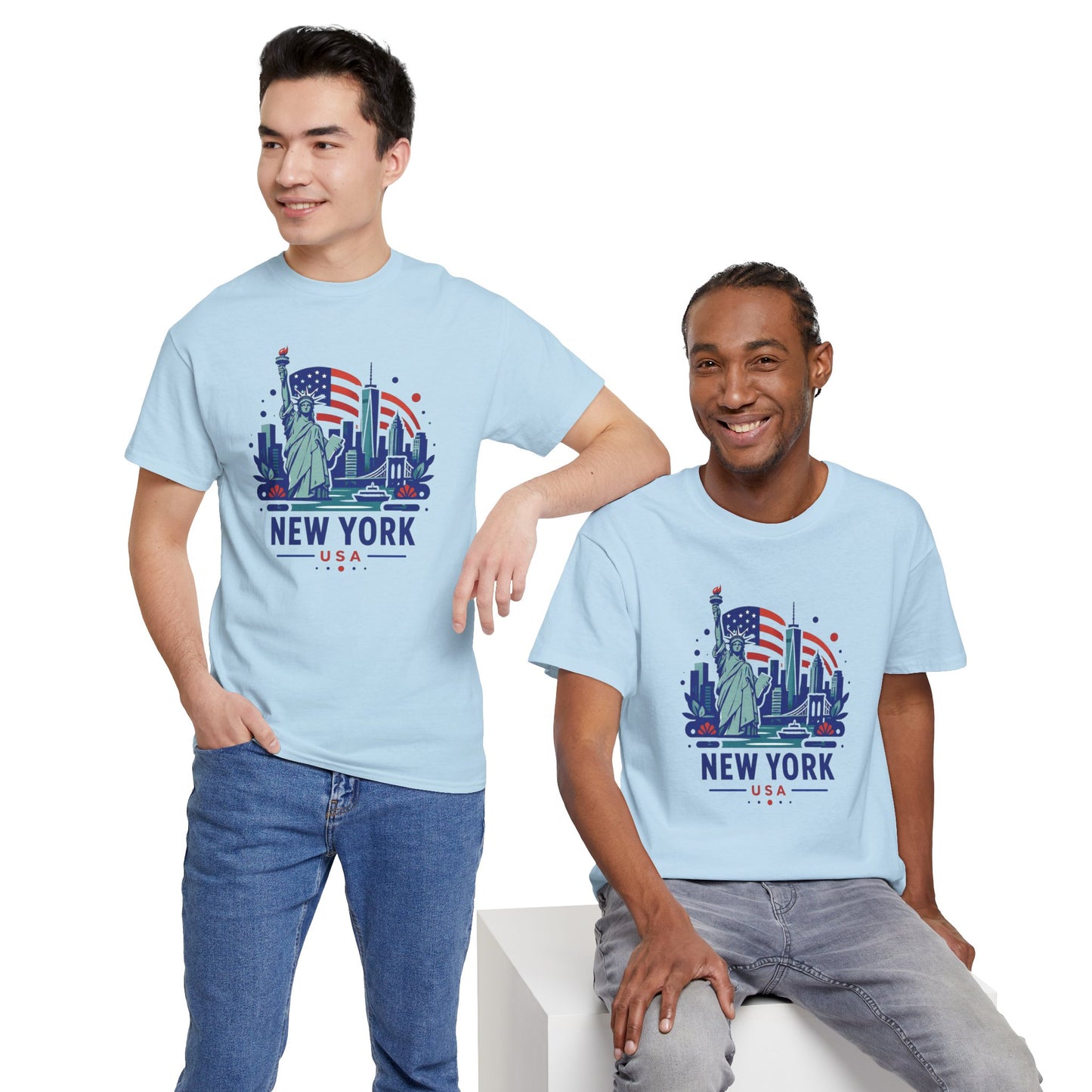 Light blue graphic T-shirt with Statue of Liberty illustration and “NEW YORK USA” text