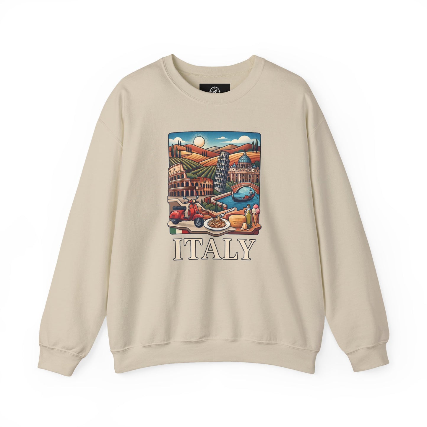 Light beige crewneck sweatshirt with long sleeves and front “ITALY” graphic