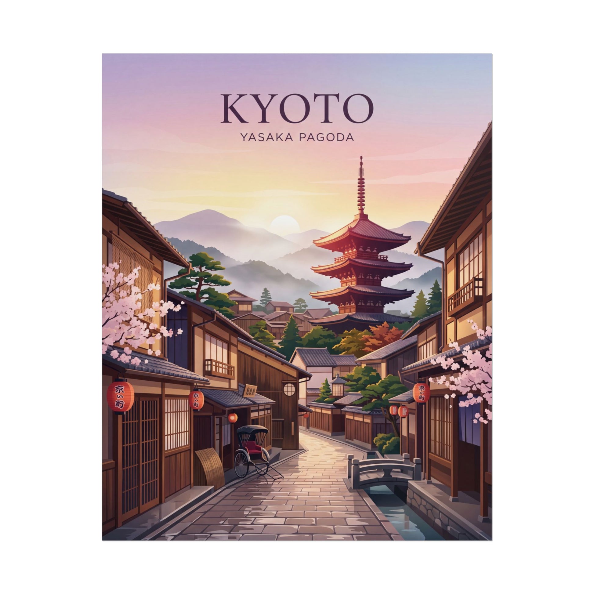 Rolled poster featuring Kyoto street with Yasaka Pagoda tower, sunrise glow over rooftops.