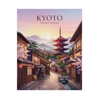 Rolled poster featuring Kyoto street with Yasaka Pagoda tower, sunrise glow over rooftops.