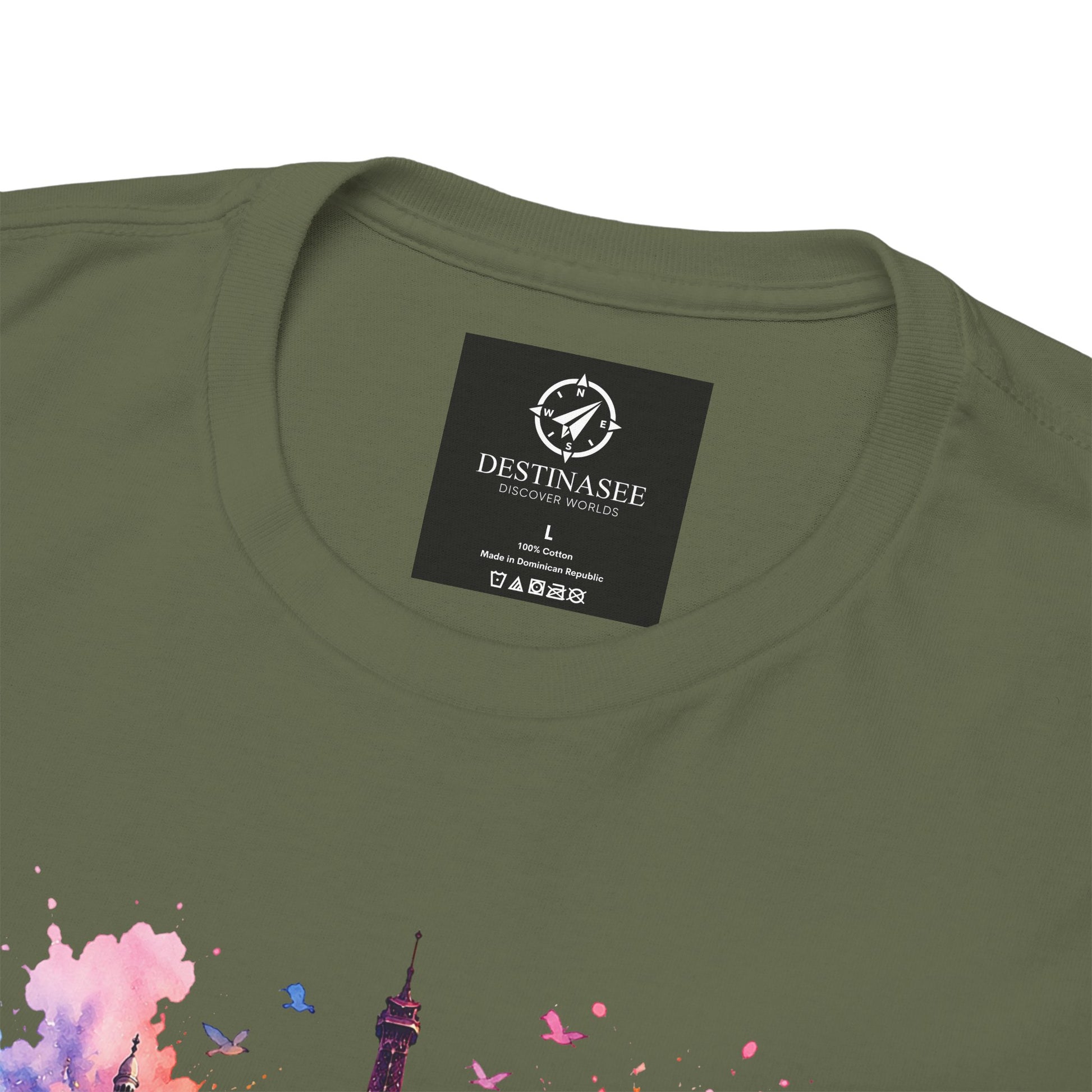 Unisex olive T-shirt close-up with “PARIS” floral Eiffel Tower print