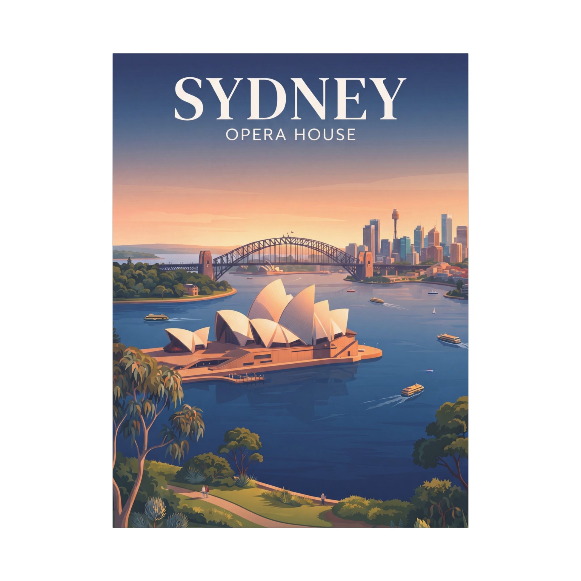 Square canvas wall art of Sydney Opera House at sunset with skyline and harbor bridge.
