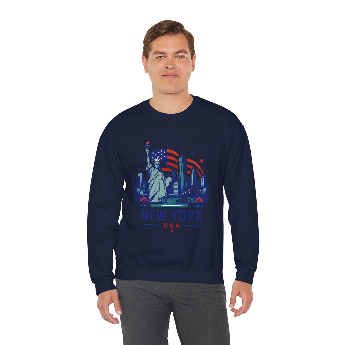 Navy crewneck sweatshirt with New York USA skyline graphic