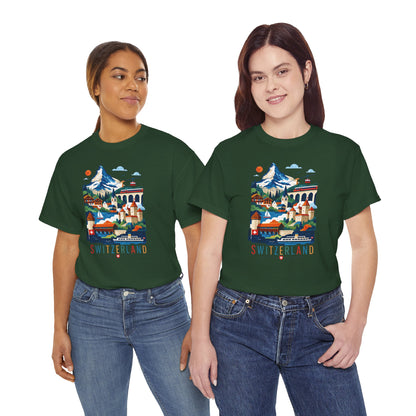 Forest green short-sleeve T-shirt with Switzerland town graphic, worn by two women