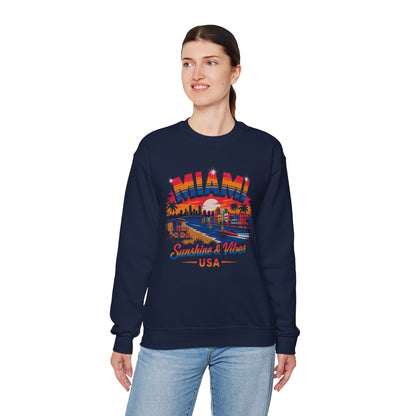 Navy crewneck sweatshirt with Miami skyline graphic and Sunshine & Vibes USA print