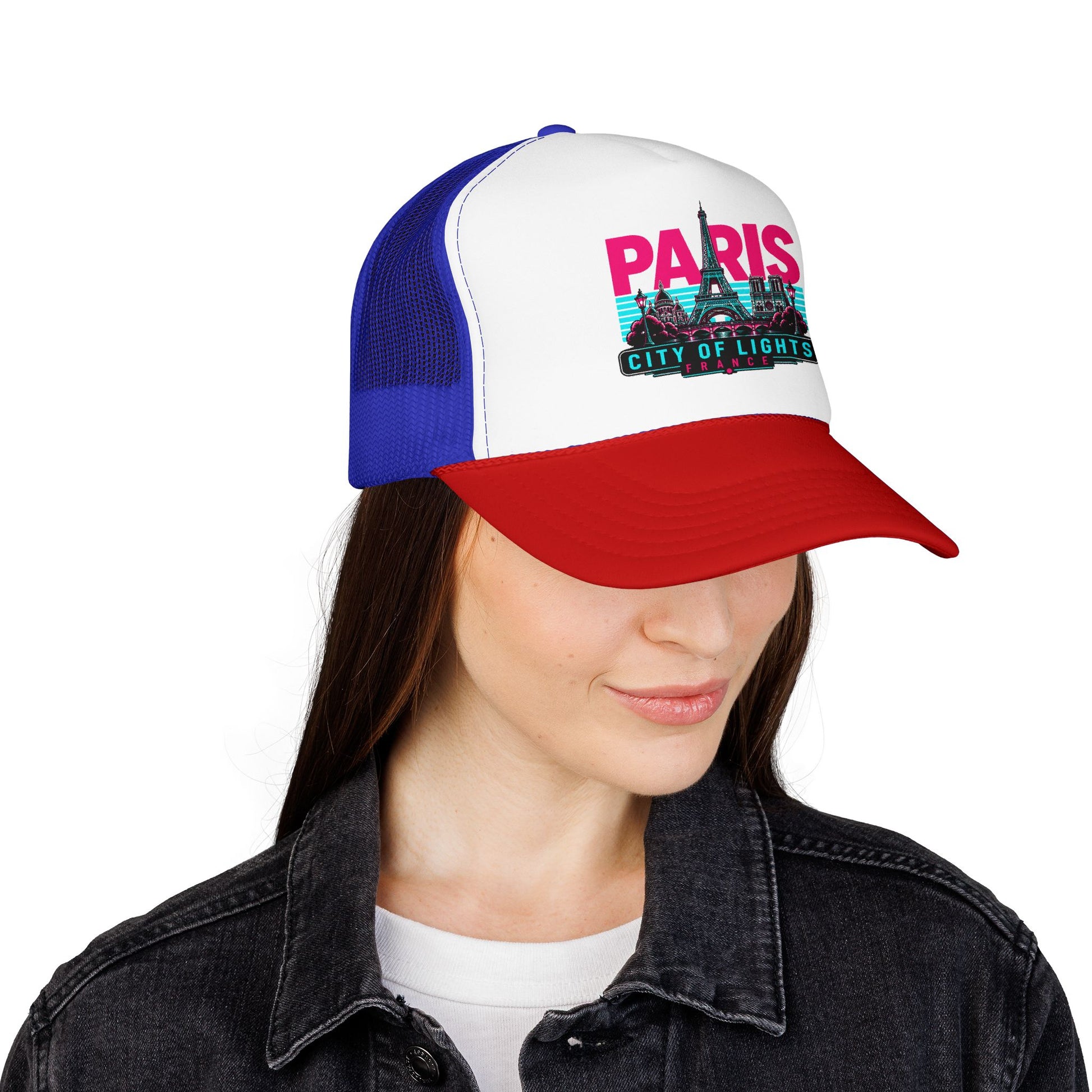 Blue and white trucker hat with red brim, Paris City of Lights print, side view