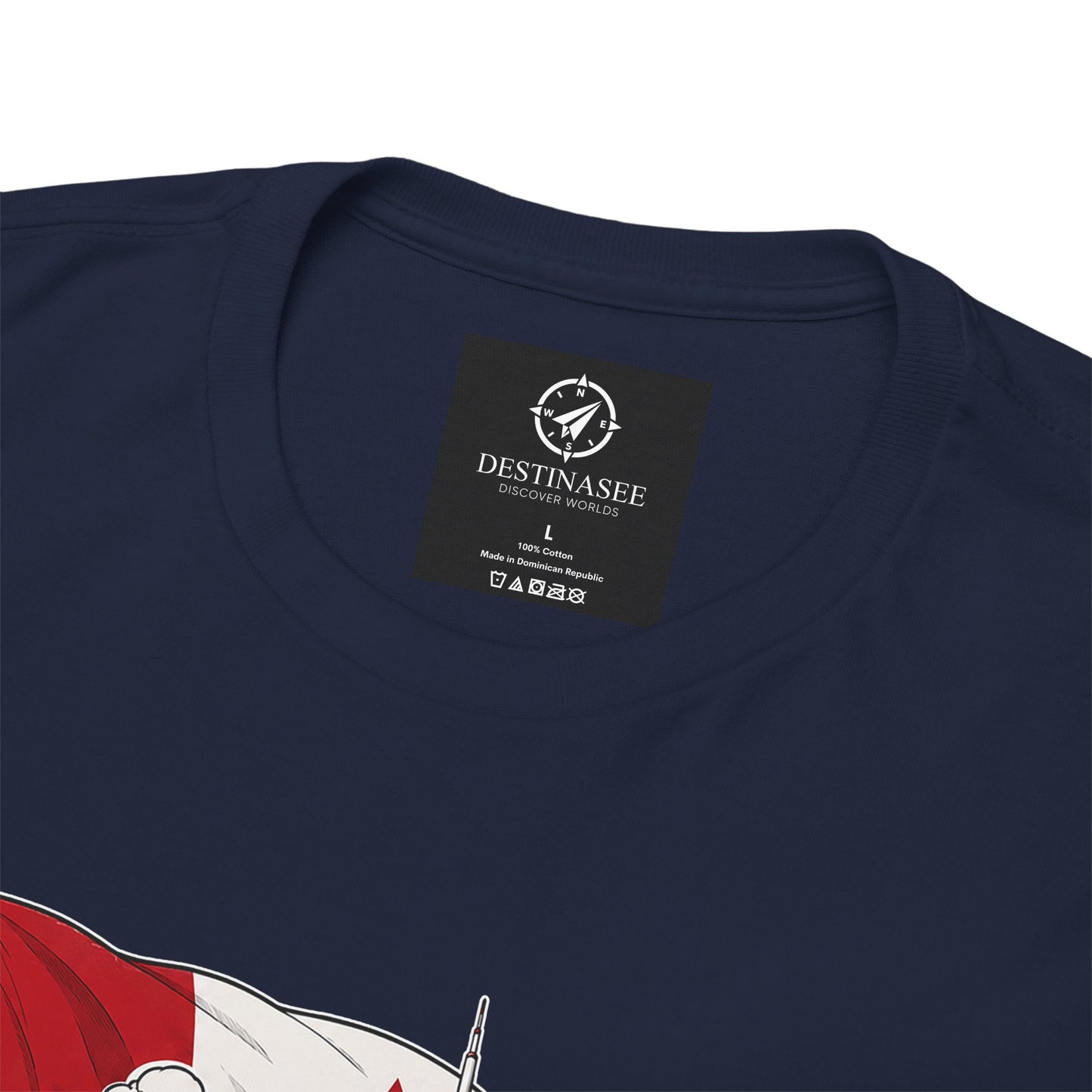 Navy crewneck T-shirt with small back neck label and partial sail graphic