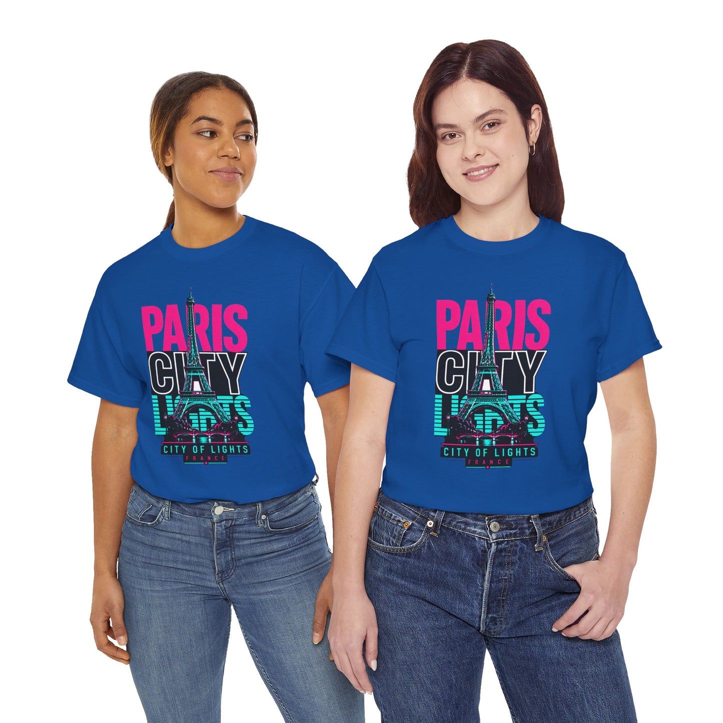 Crew-neck T-shirt, royal blue with neon-style “Paris City of Lights” Eiffel Tower graphic