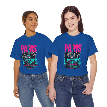 Crew-neck T-shirt, royal blue with neon-style “Paris City of Lights” Eiffel Tower graphic