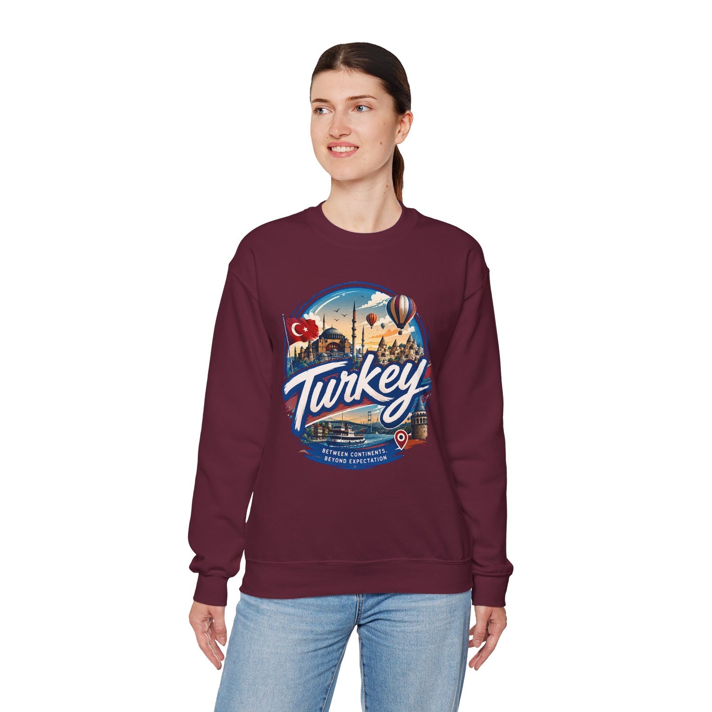 Maroon crewneck sweatshirt with colorful Turkey graphic on front