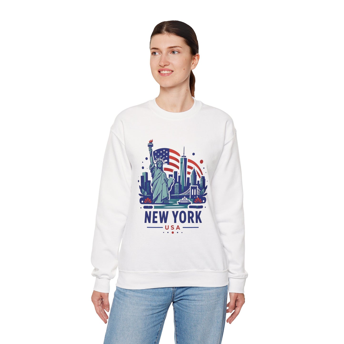 White crewneck sweatshirt with New York USA skyline print, worn on model