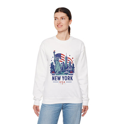 White crewneck sweatshirt with New York USA skyline print, worn on model