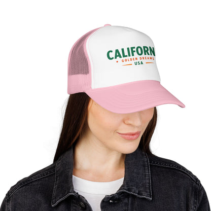 Light pink-and-white trucker hat with green “CALIFORNIA GOLD DREAMS USA” logo on front