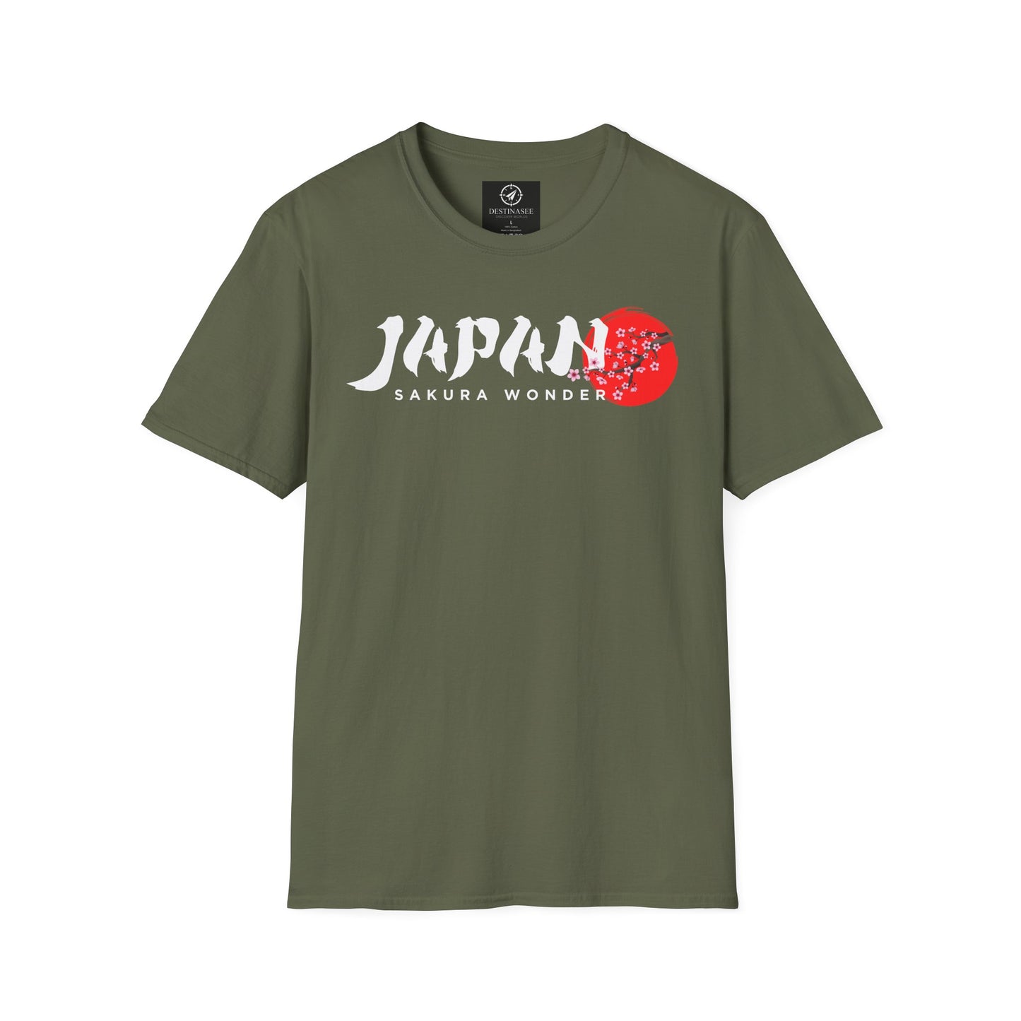 Olive green T-shirt with white “Japan” text and red cherry blossom graphic on chest