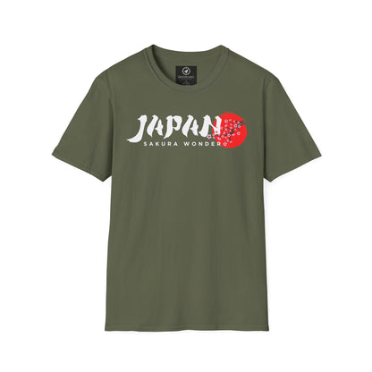 Olive green T-shirt with white “Japan” text and red cherry blossom graphic on chest