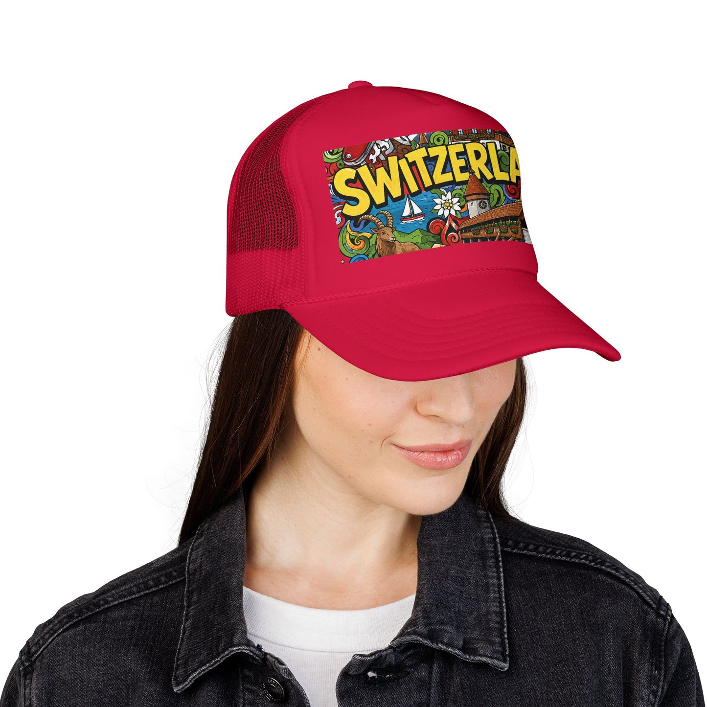 Red trucker hat with colorful Switzerland front graphic, worn on head