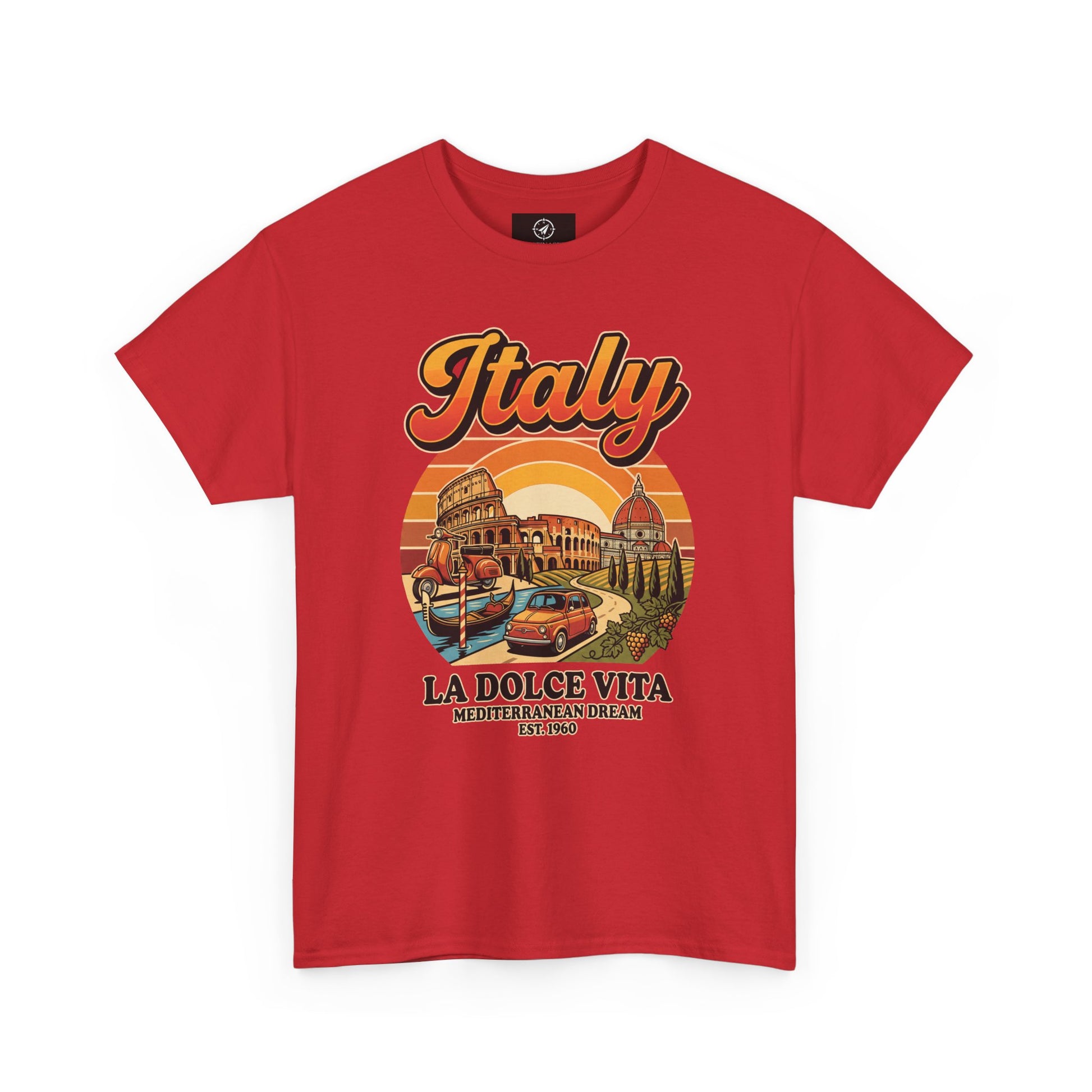 Red vintage graphic T-shirt with front “Italy” text and illustrated scene