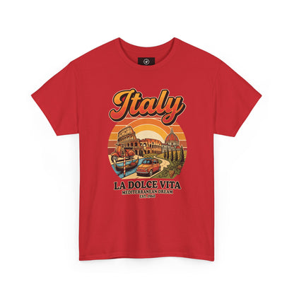 Red vintage graphic T-shirt with front “Italy” text and illustrated scene