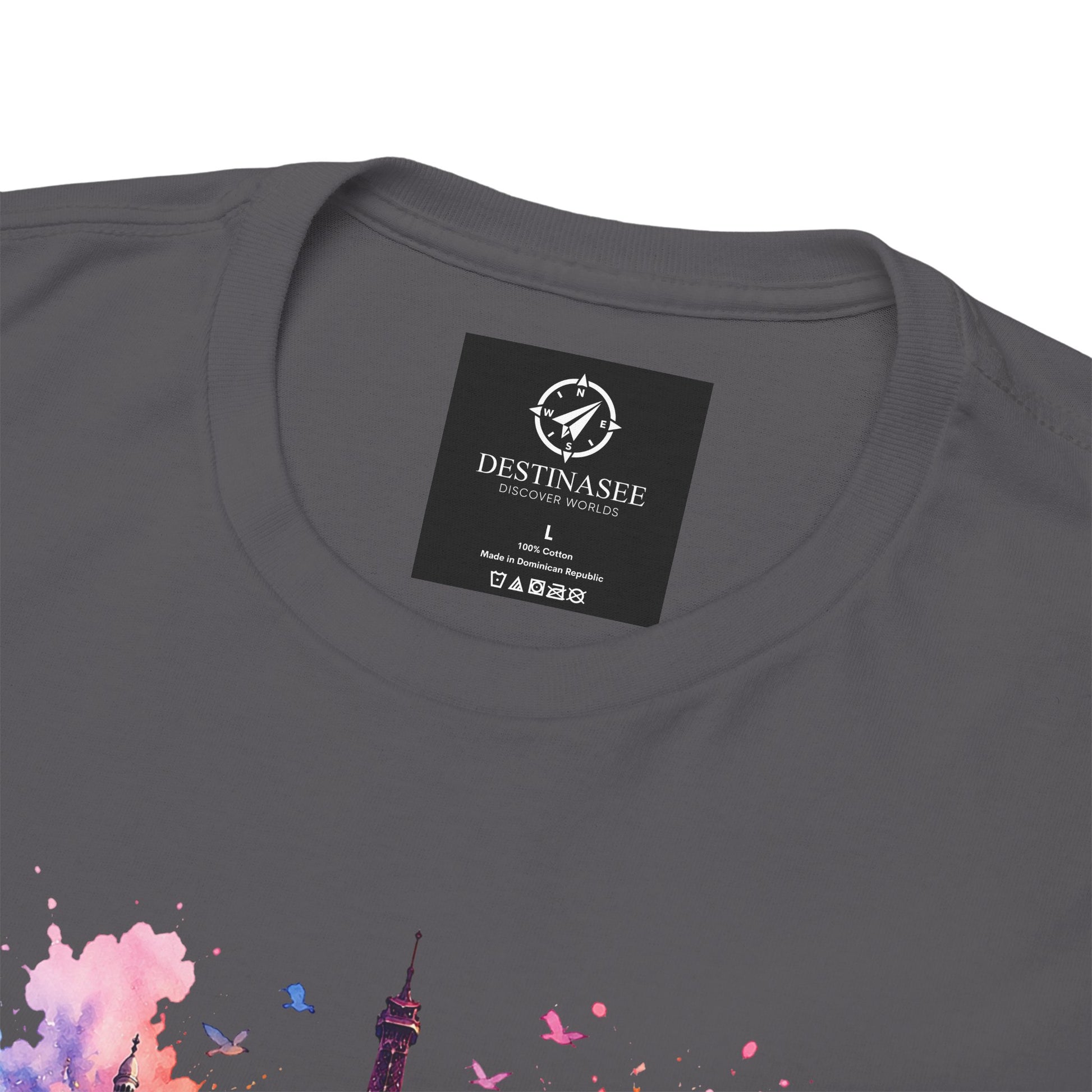 Charcoal T-shirt with small label and watercolor Eiffel Tower floral design at hem