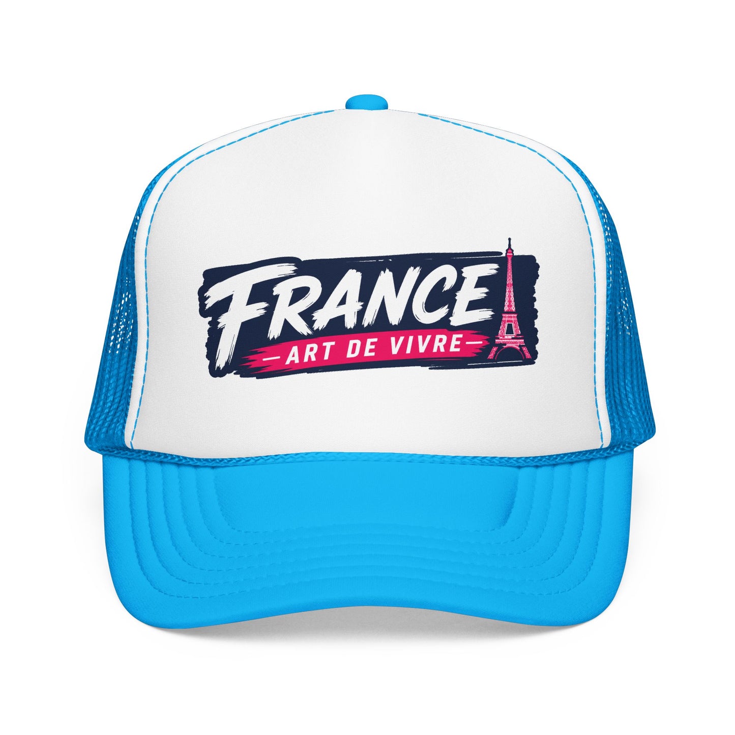 Trucker hat with white front, blue mesh sides, blue brim, and 'FRANCE' graphic
