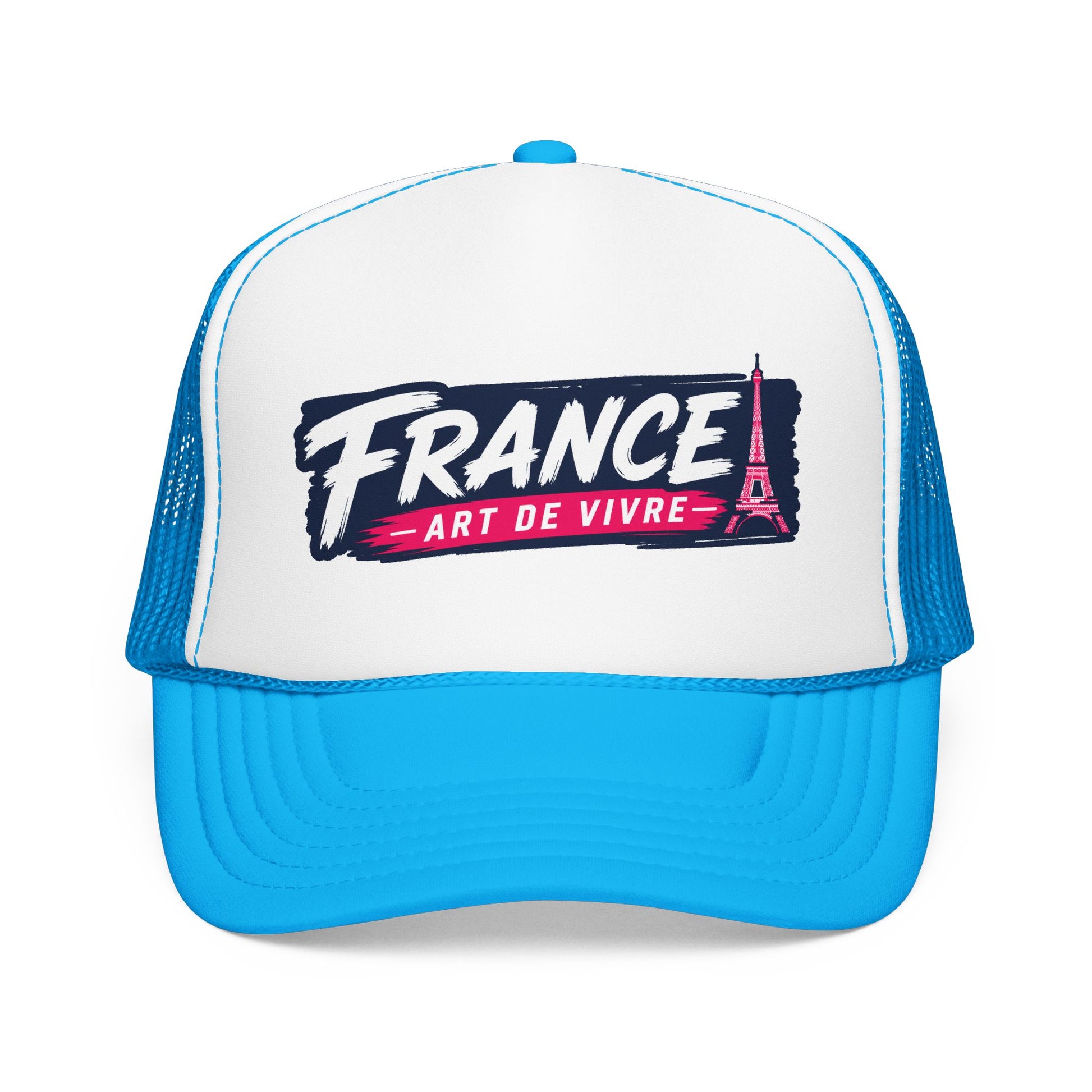 Trucker hat with white front, blue mesh sides, blue brim, and 'FRANCE' graphic